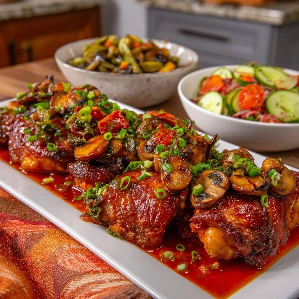 Glazed mushroom and pepper chicken thighs are presented on a white platter, showcasing the rich sauce and toppings.