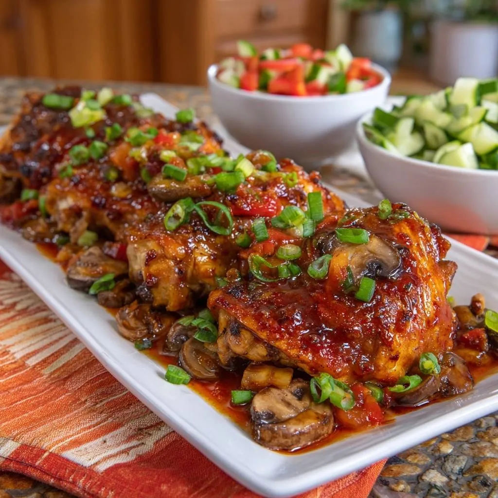 Glazed mushroom and pepper chicken thighs served on a white platter with a close-up view of the glossy glaze and fresh garnish.
