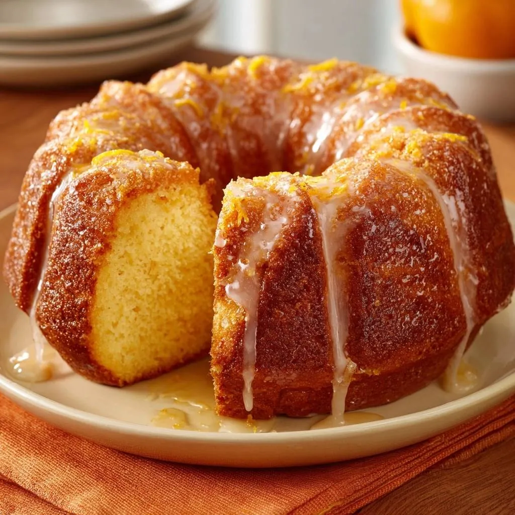 Glazed orange bundt cake with a slice removed, showing its moist interior and citrus zest topping.