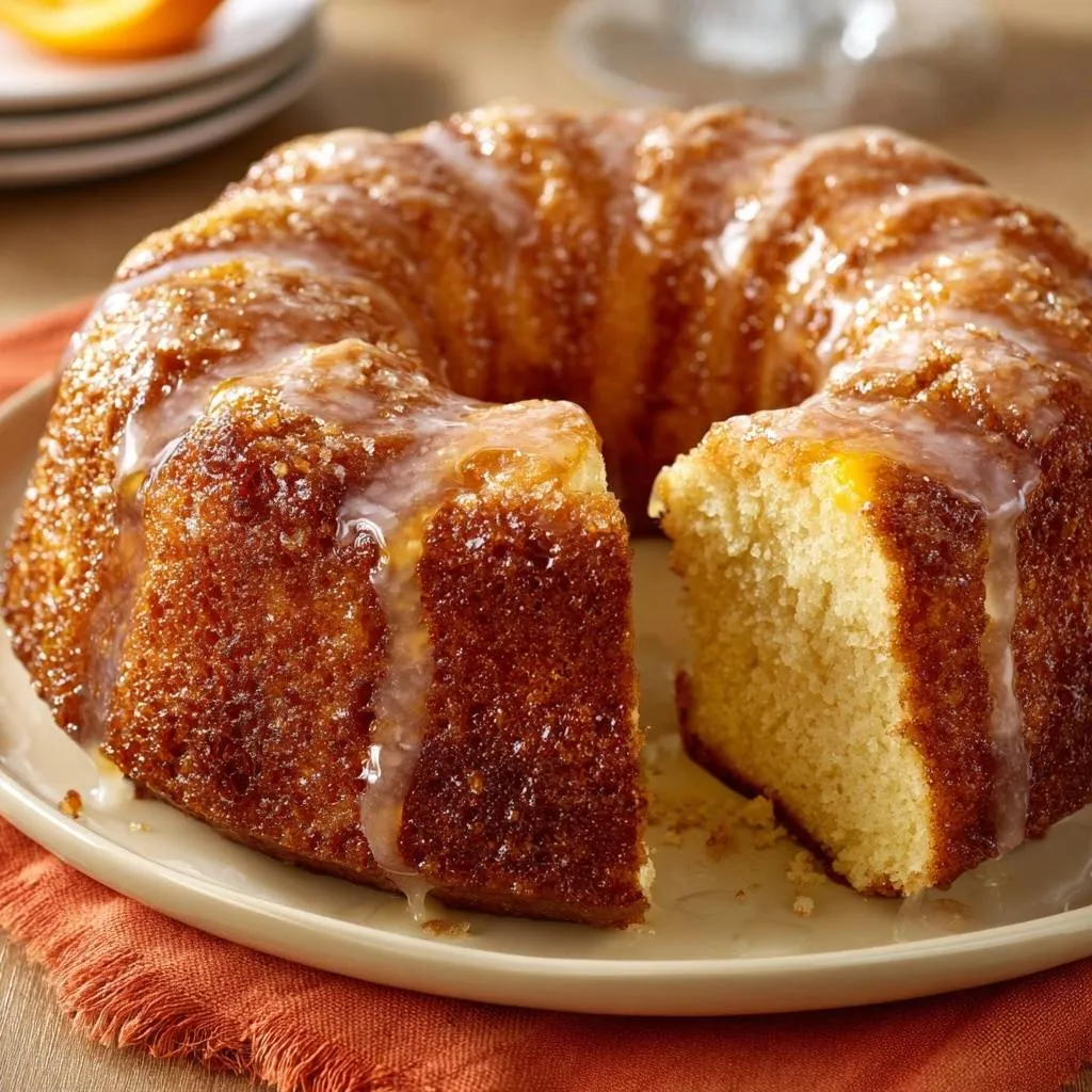 Glazed orange bundt cake with a slice removed, showing its detailed crumb and glossy glaze.