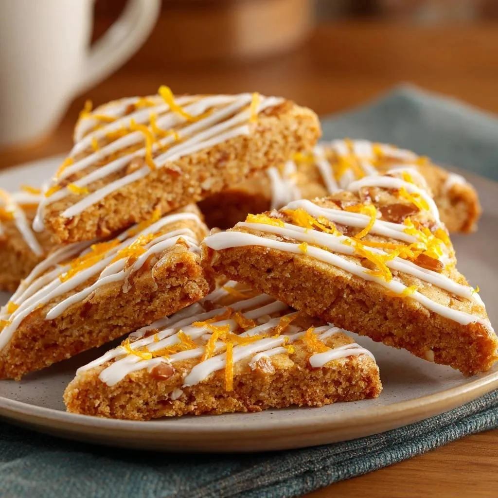 Glazed orange walnut scones with a crisp finish, showcasing a close-up of the drizzled icing and vibrant orange zest garnish.