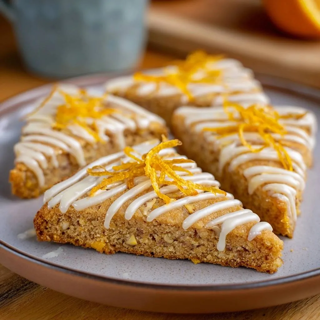 Glazed orange walnut scones arranged as triangles and garnished with orange zest, showcasing their crisp finish.