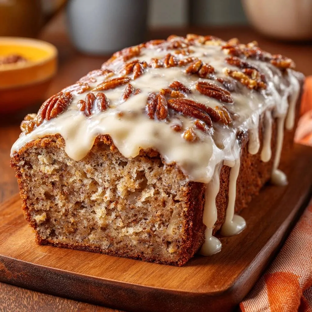 Glazed pecan banana bread loaf with a close-up view of the drizzled icing and pecans on top.
