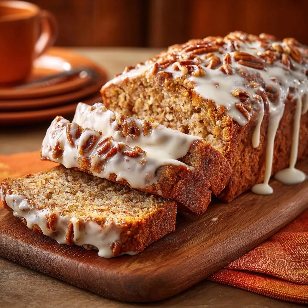 Glazed pecan banana bread sliced on a wooden board with white glaze dripping down the side.