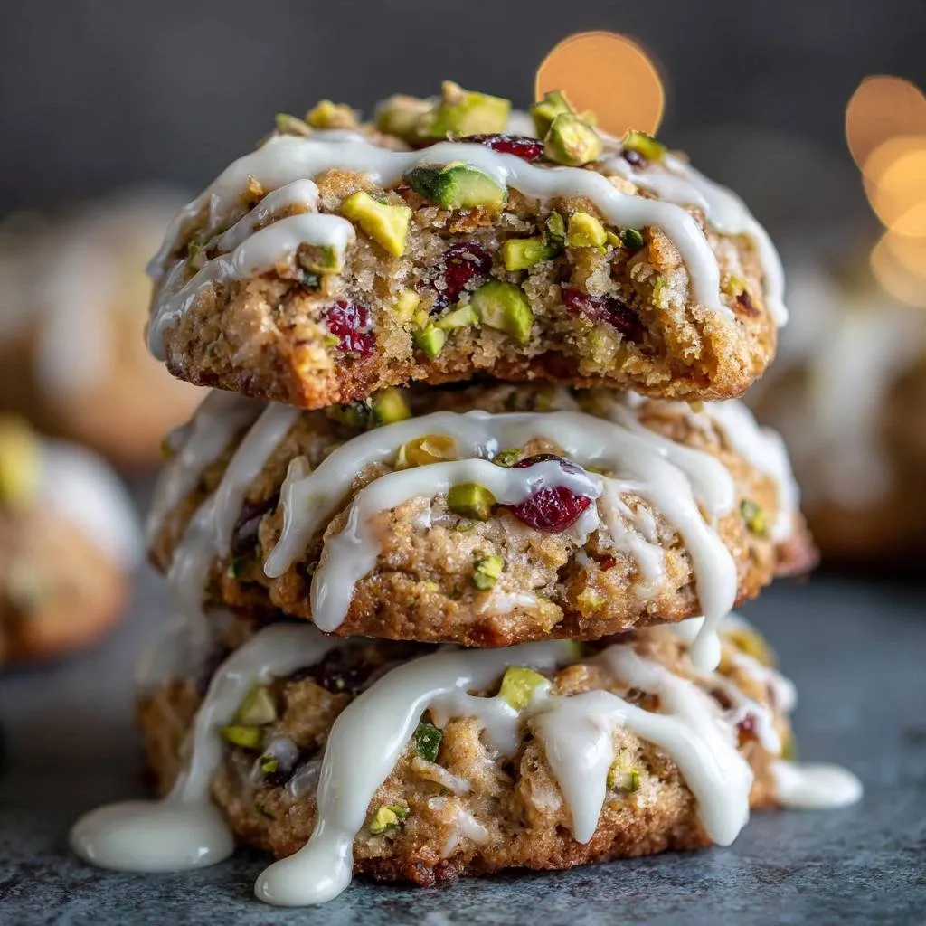 Glazed pistachio cranberry scones stacked in a close-up shot, showing the intricate detail of the glaze and inclusions.
