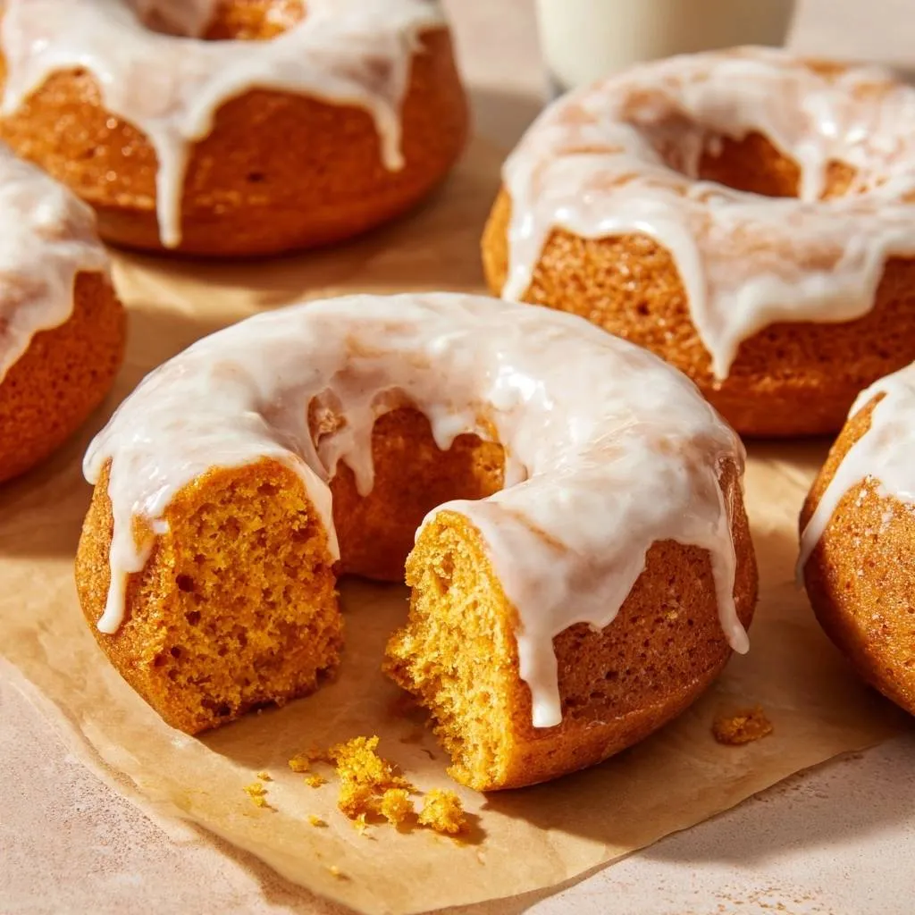 Glazed pumpkin donuts, with one donut broken open to show its moist, textured interior and crumbs scattered on parchment paper.