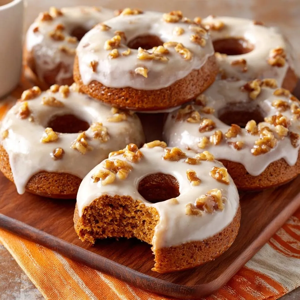 Glazed pumpkin walnut donuts with a bite taken out, showing the airy texture, topped with walnuts.
