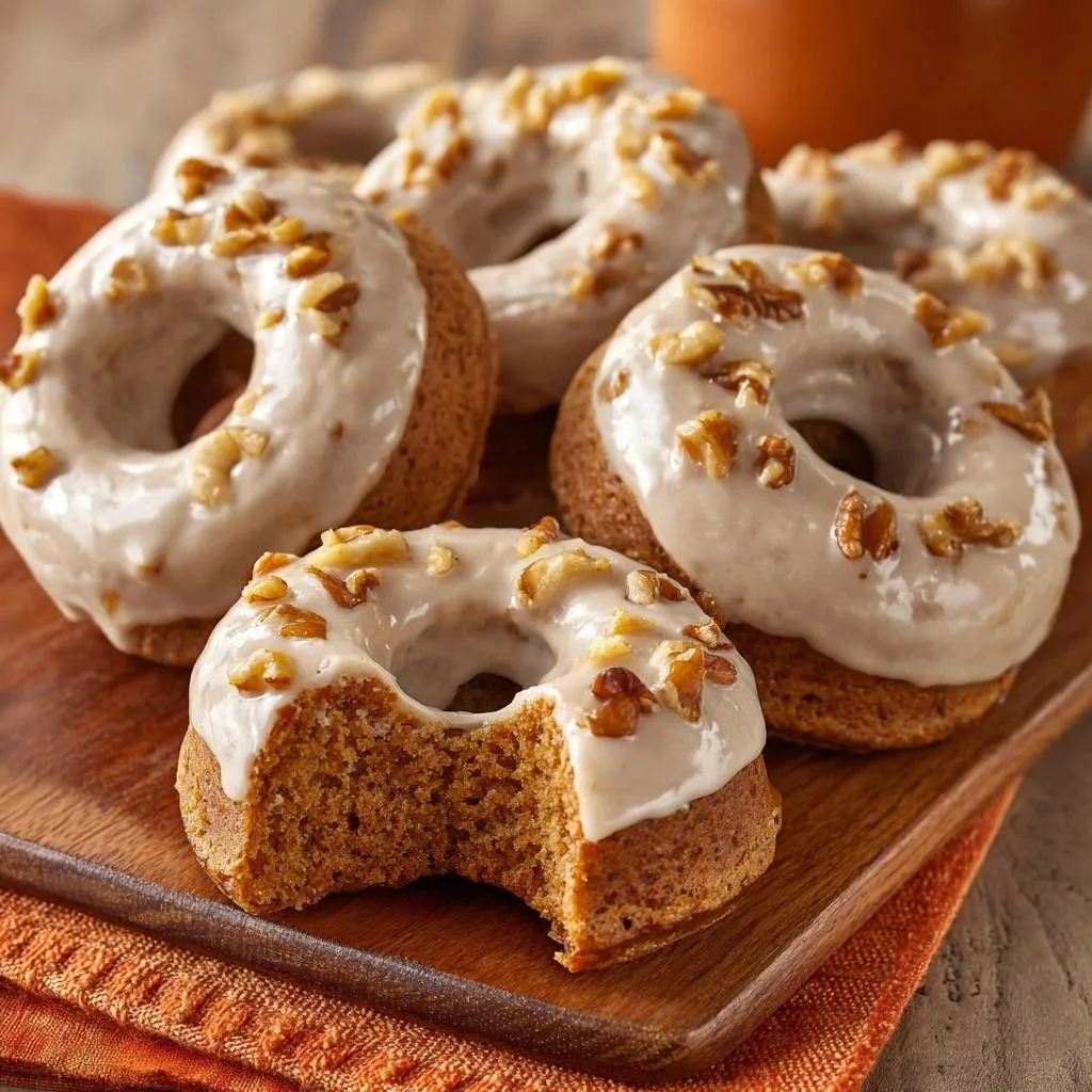 Glazed pumpkin walnut donuts with a bite taken out showing the airy interior texture.