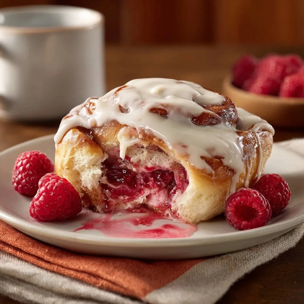 Glazed raspberry sweet rolls cross-section showing the sweet raspberry filling and icing, served with fresh raspberries.