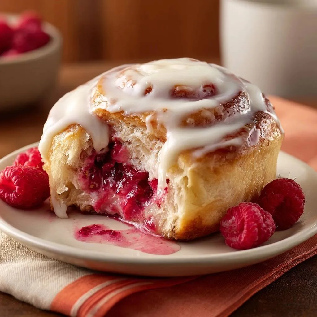 Glazed raspberry sweet rolls cross-section showing the gooey raspberry filling and white glaze on a plate.