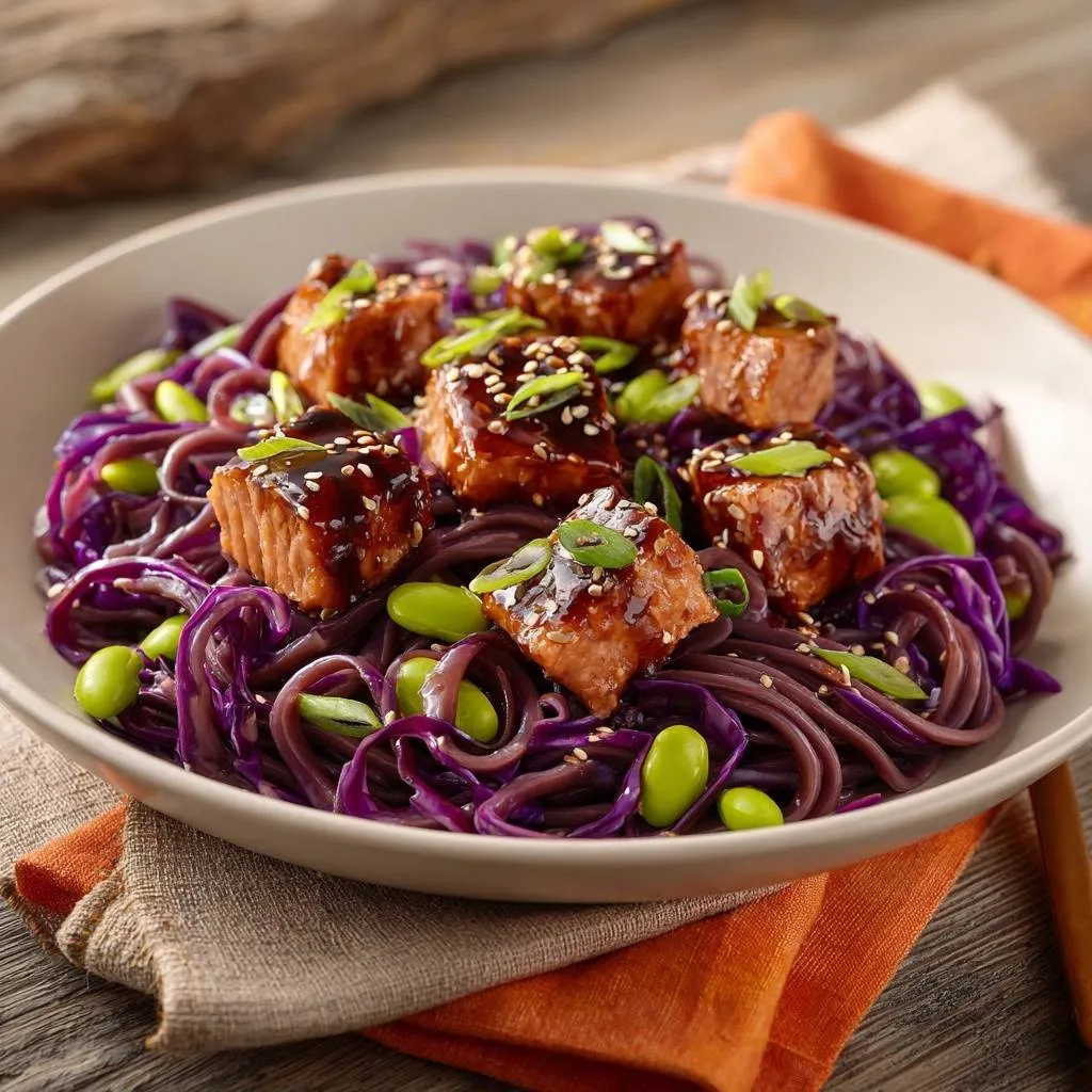 Glazed salmon and soba noodle salad with edamame and red cabbage, garnished with sesame seeds and green onions.