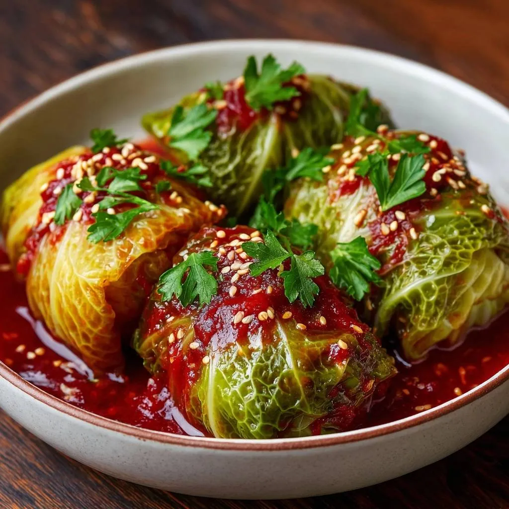 Gochujang beef cabbage rolls are served in a bowl, showcasing a close-up of the vibrant red sauce, sesame seeds, and fresh parsley garnish.