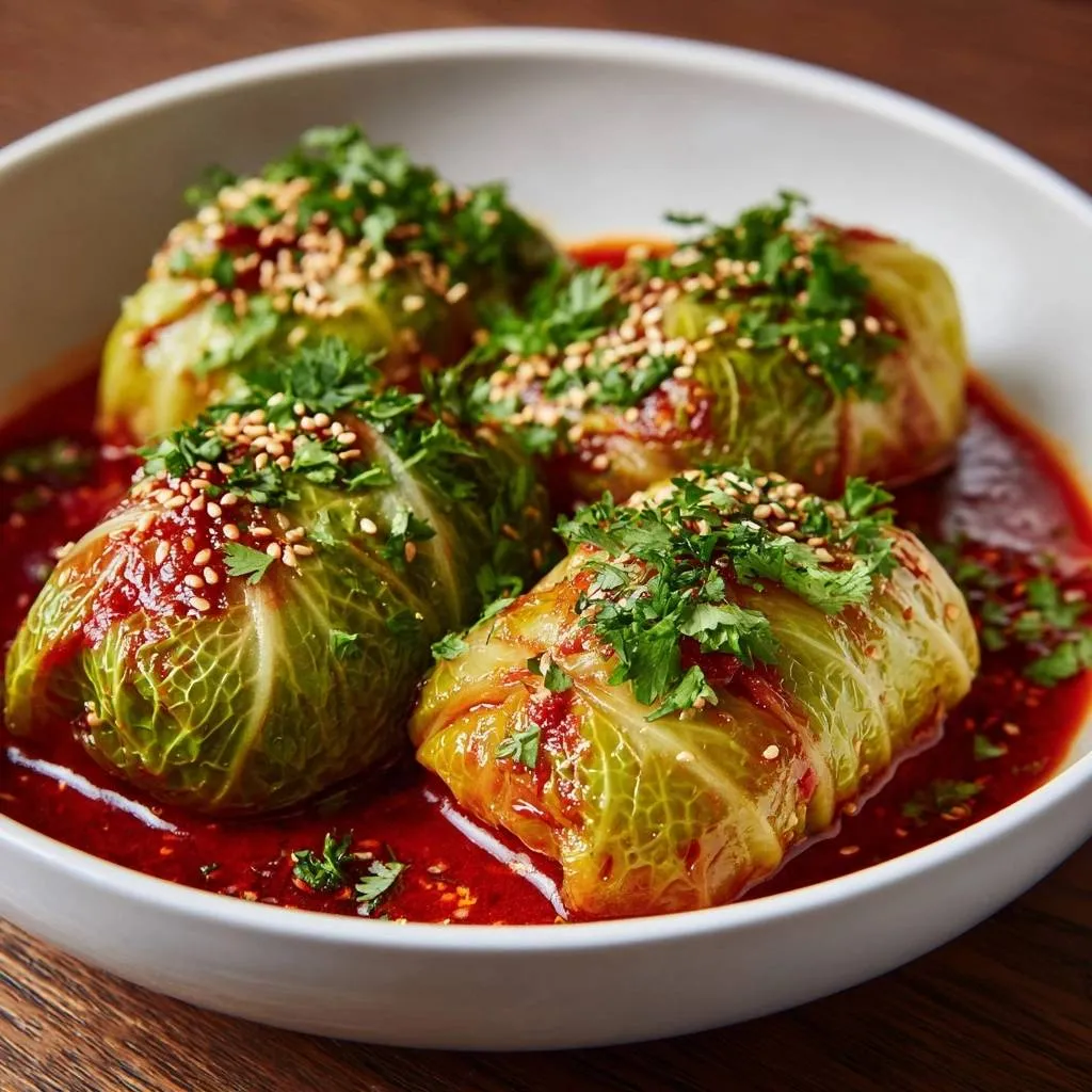 Gochujang beef cabbage rolls served in a white bowl, garnished with sesame seeds and parsley.