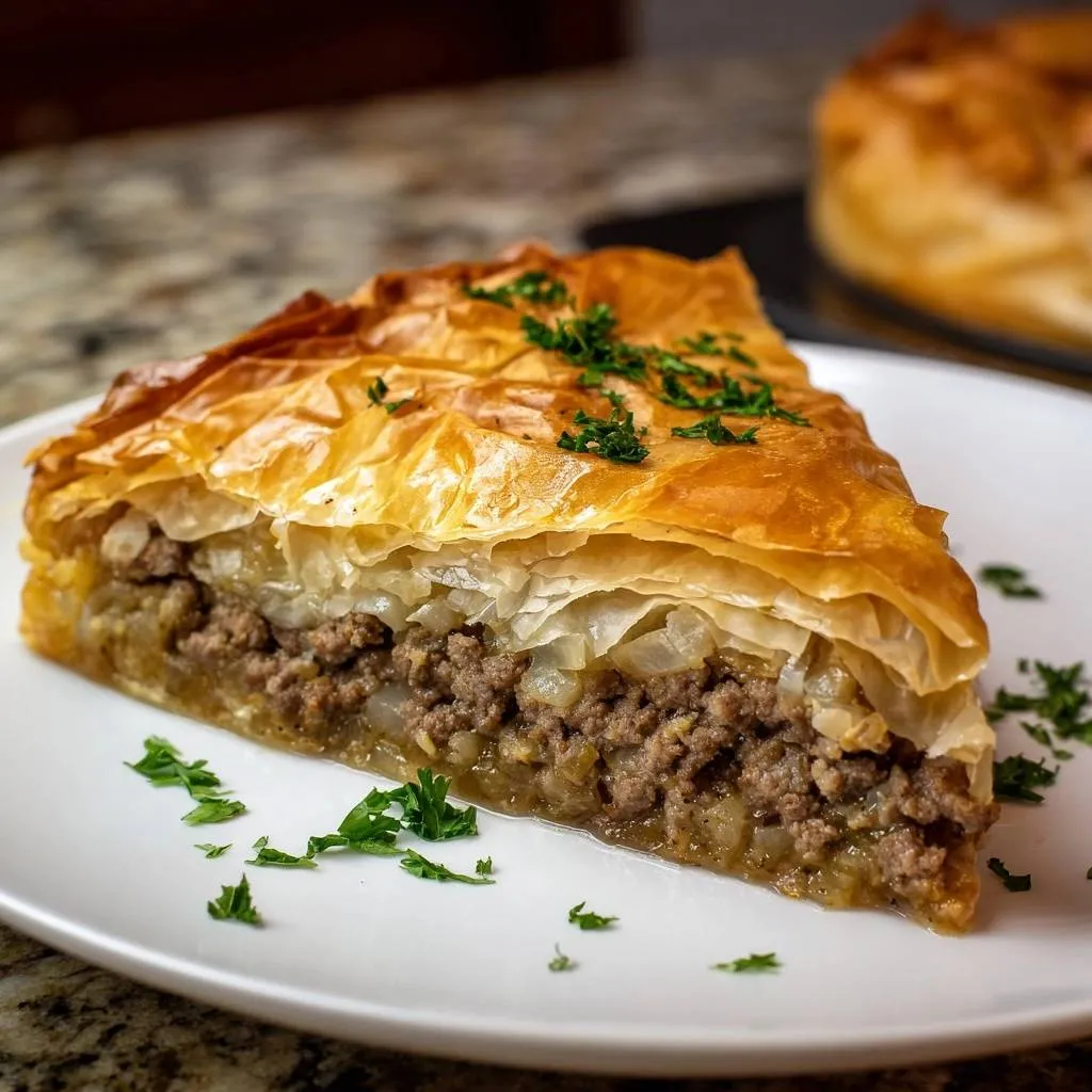 Golden beef phyllo pie served as a plated slice, showcasing its flaky layers and savory filling.