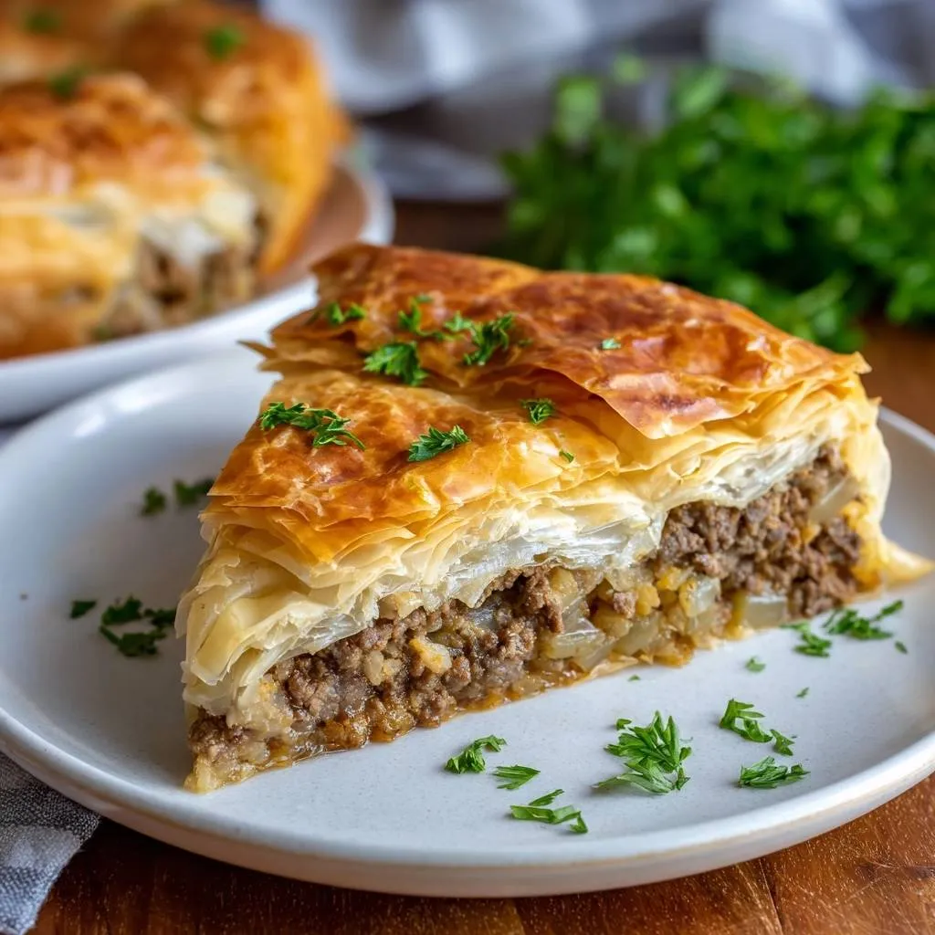 Golden beef phyllo pie slice cross-section showing flaky pastry and savory meat filling, garnished with parsley.