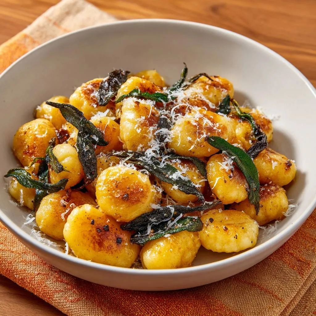 Golden chicken and vegetable couscous served in a bowl, featuring close-up view of gnocchi with sage and parmesan.