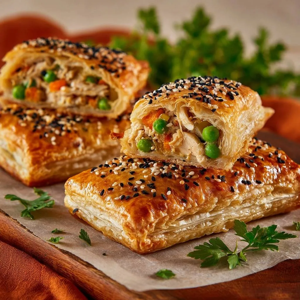Golden chicken and vegetable hand pies shown in a close-up cross-section revealing the savory filling