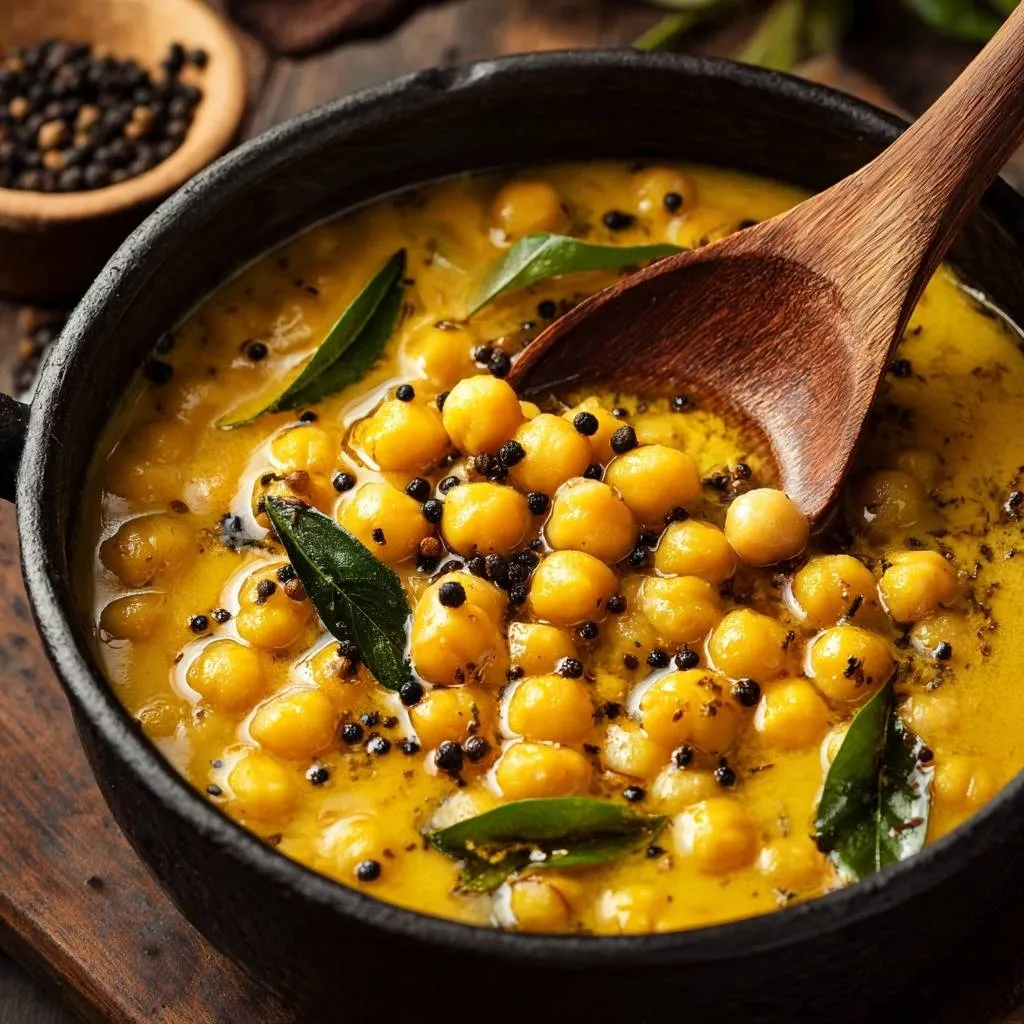 Golden chickpea curry with a wooden spoon scooping up the rich, velvety texture.