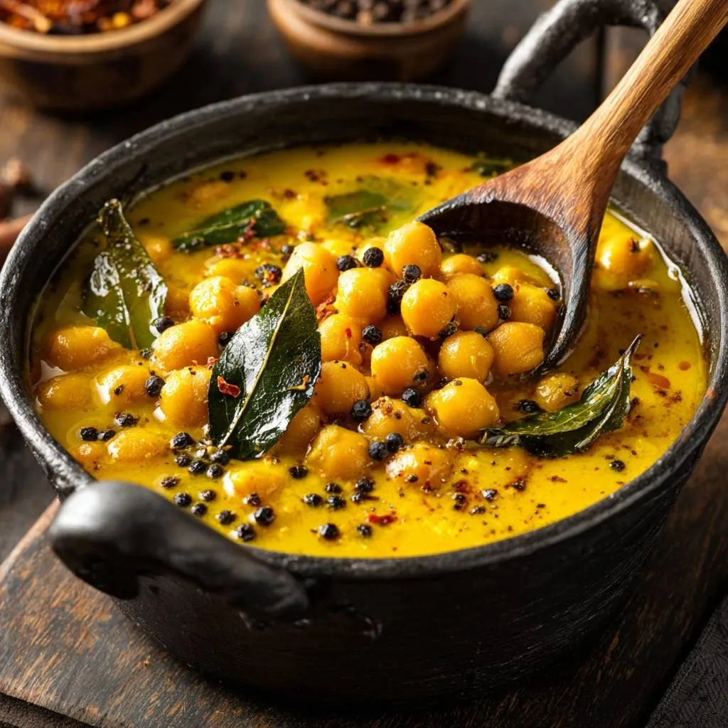 Golden chickpea curry with a wooden spoon scooping a portion from a black pot.