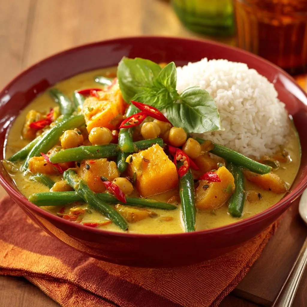 Golden chickpea and squash curry served in a red bowl with rice and fresh garnishes, a close-up view.
