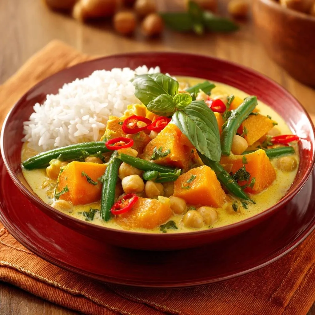 Golden chickpea and squash curry served in a bowl with fluffy white rice and fresh basil garnish.