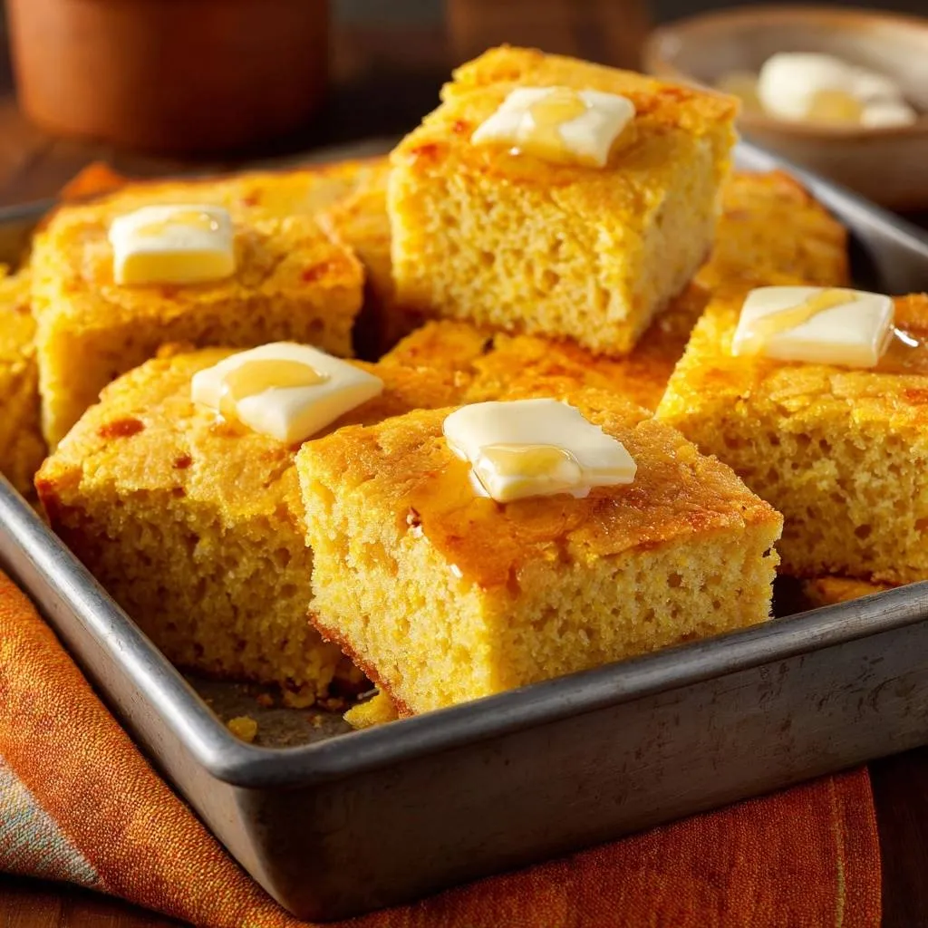 Golden cornbread squares topped with melting butter and drizzled with honey in a baking pan.
