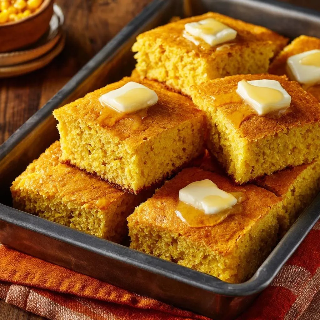 Golden cornbread sliced and served in a baking pan, topped with butter and honey.