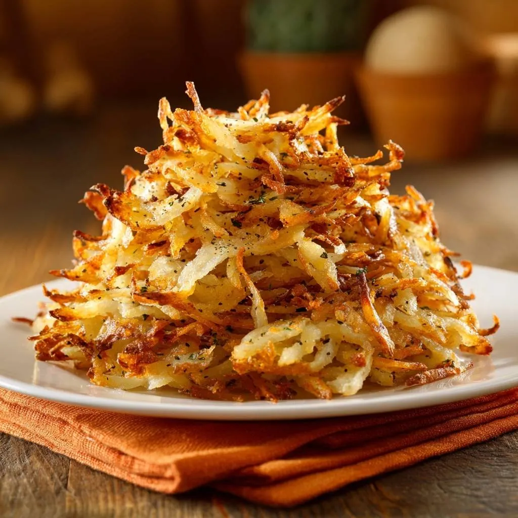 Golden crispy shredded hash browns piled high on a white plate, seasoned with herbs and pepper.