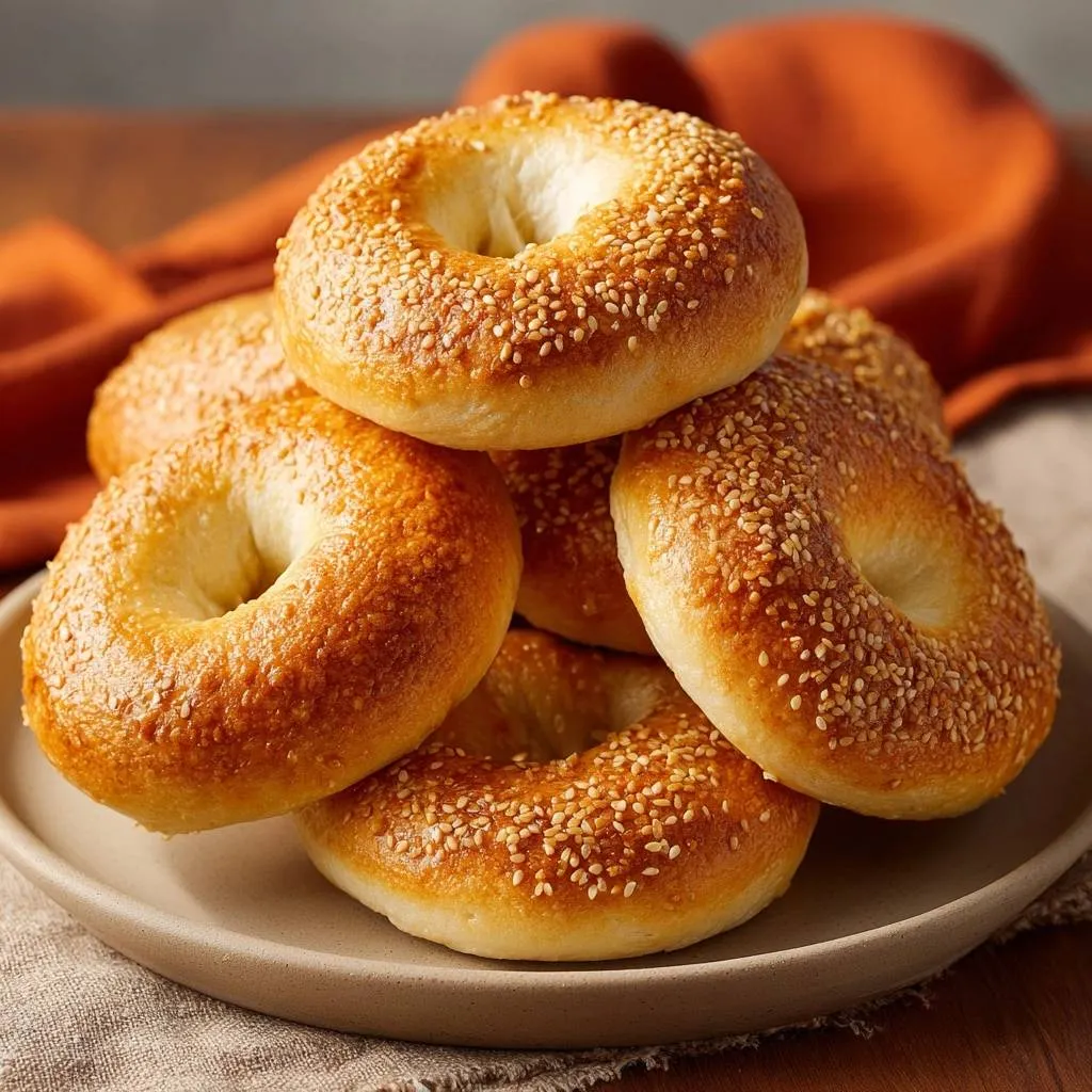 Golden sesame seed bagels stacked closely on a plate, showcasing their textured tops and golden-brown crust.