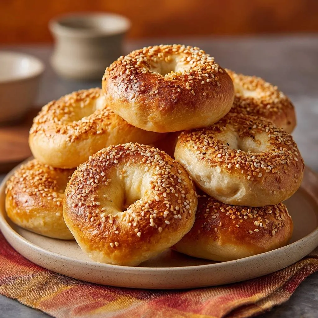 Golden sesame seed bagels are stacked on a plate, showcasing their textured sesame seed topping and golden-brown crust.