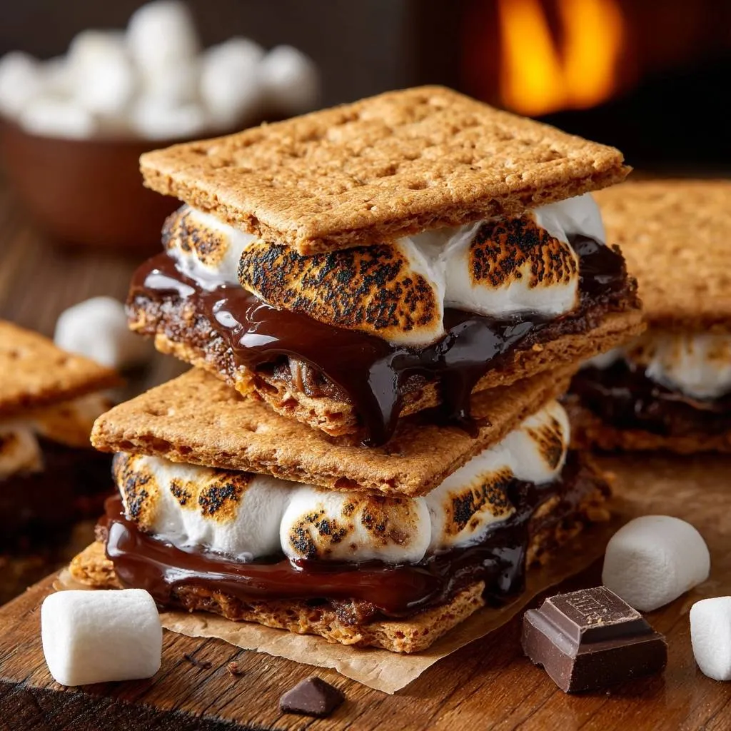 Gooey campfire s'mores without burnt marshmallows, stacked high with toasted marshmallows and dripping chocolate, a close-up view.