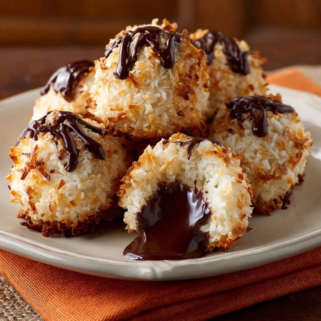 Gooey chocolate coconut macaroons with leak-proof centers, shown in a close-up cross-section revealing the rich chocolate filling.