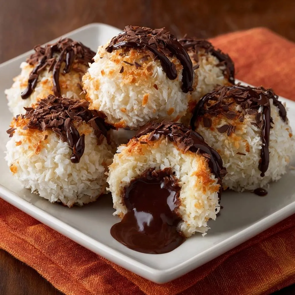 Gooey chocolate coconut macaroons with leak-proof centers, one showing a rich chocolate filling oozing out.