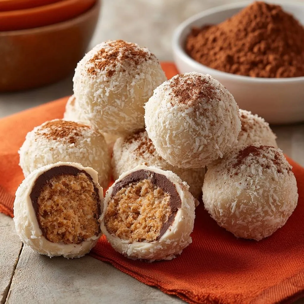 Gooey chocolate hazelnut snowballs recipe revealed in a close-up cross-section showing the rich chocolate and cookie interior.