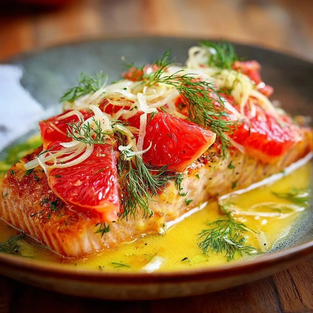 Grapefruit fennel salmon plated with a close-up view of the fresh grapefruit and dill garnish.