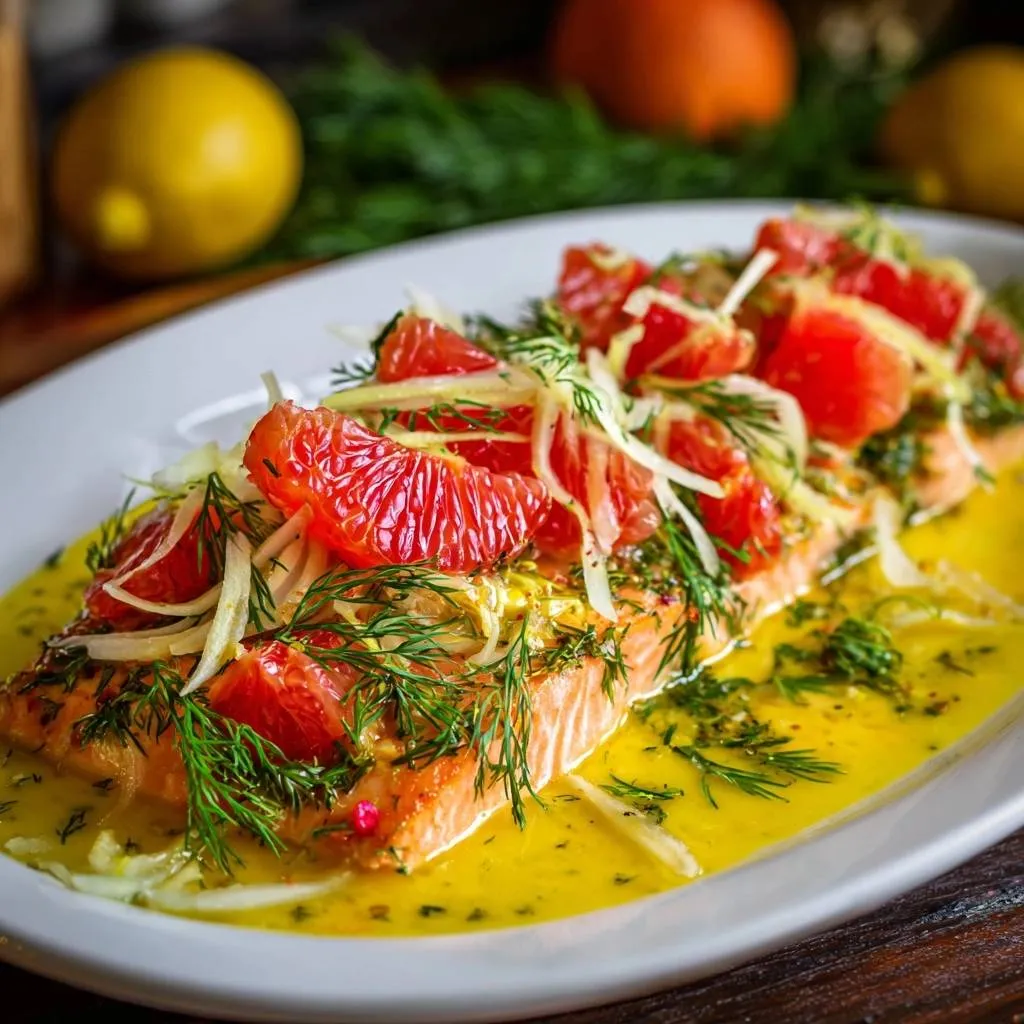 Grapefruit fennel salmon served moist with a bright citrus topping and dill garnish on a white plate.