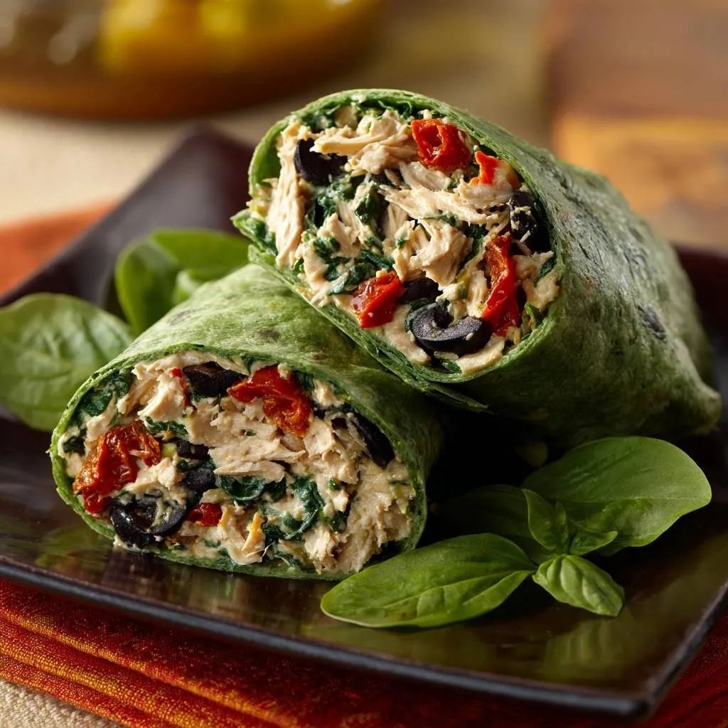 Greek chicken spinach wraps with crisp tortillas shown in a close-up cross-section revealing the filling.