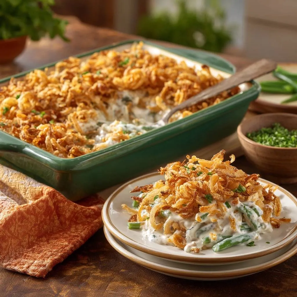 Classic green bean casserole with a crunchy topping served in a single portion on a plate.