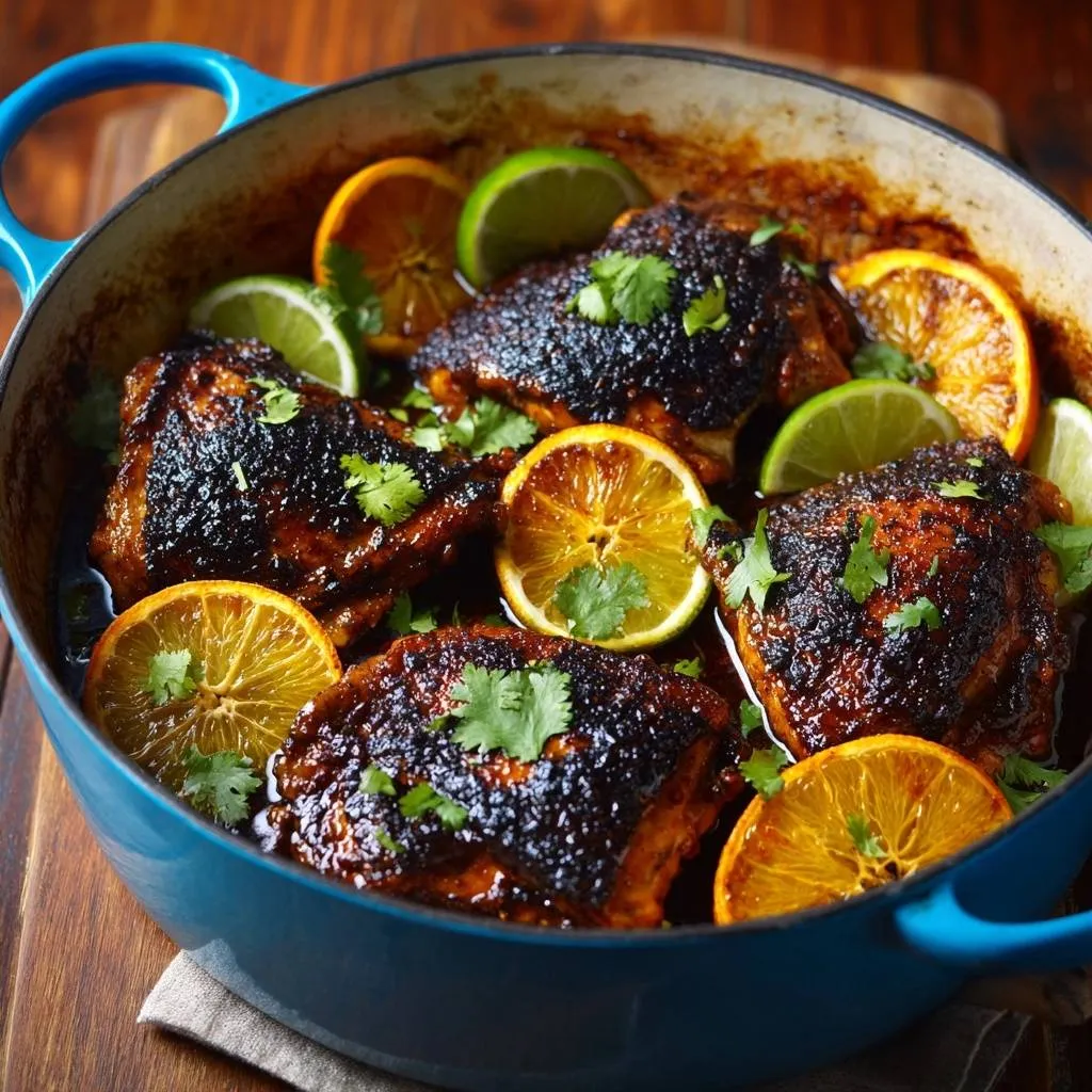 Grilled chicken kale and cabbage power salad served in a blue Dutch oven with citrus slices and cilantro.