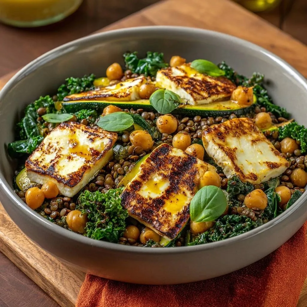 Grilled halloumi and lentil power bowl featuring four golden-brown halloumi pieces served with kale, chickpeas, and zucchini.