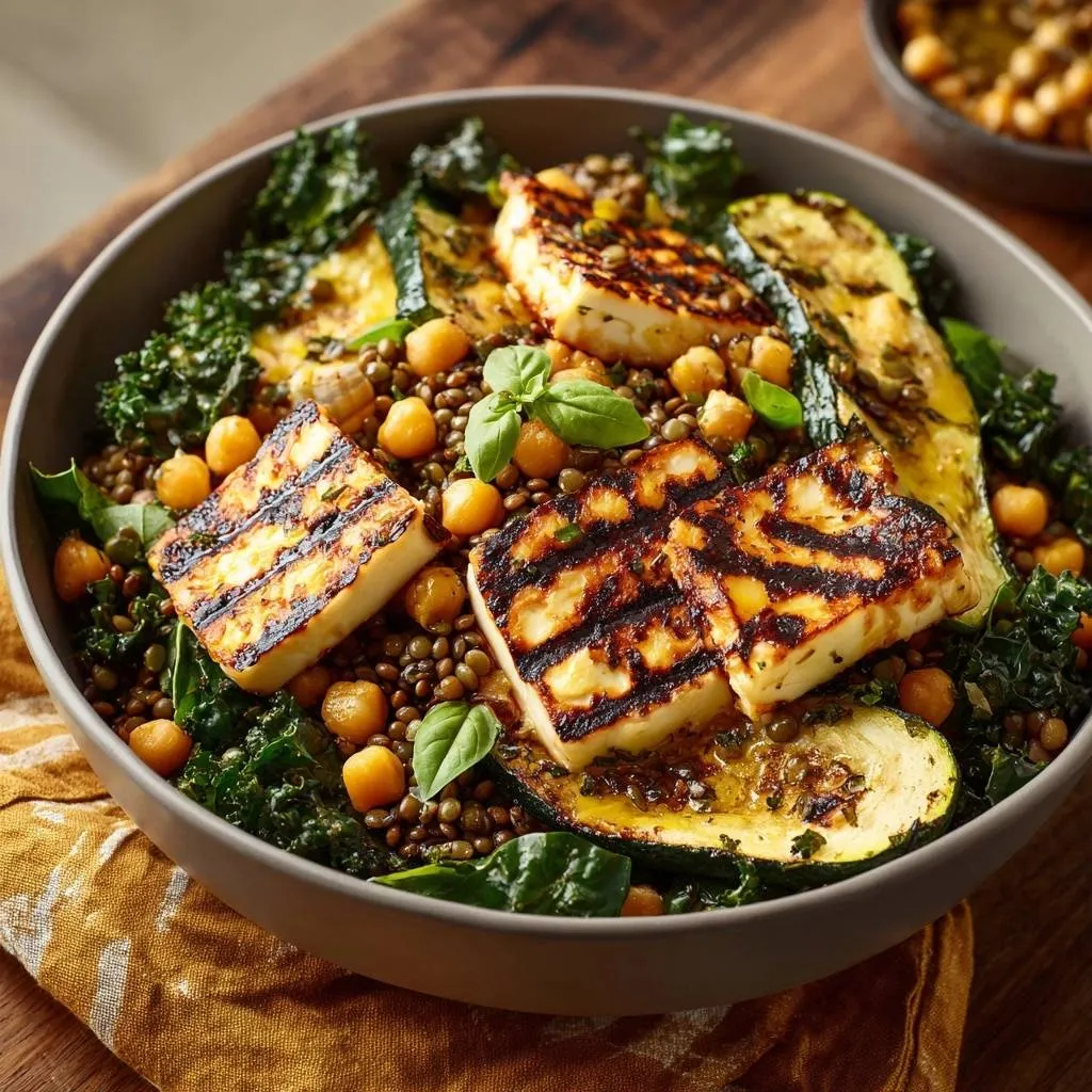 Grilled halloumi and lentil power bowl featuring roasted zucchini and chickpeas, presented in a close-up view.