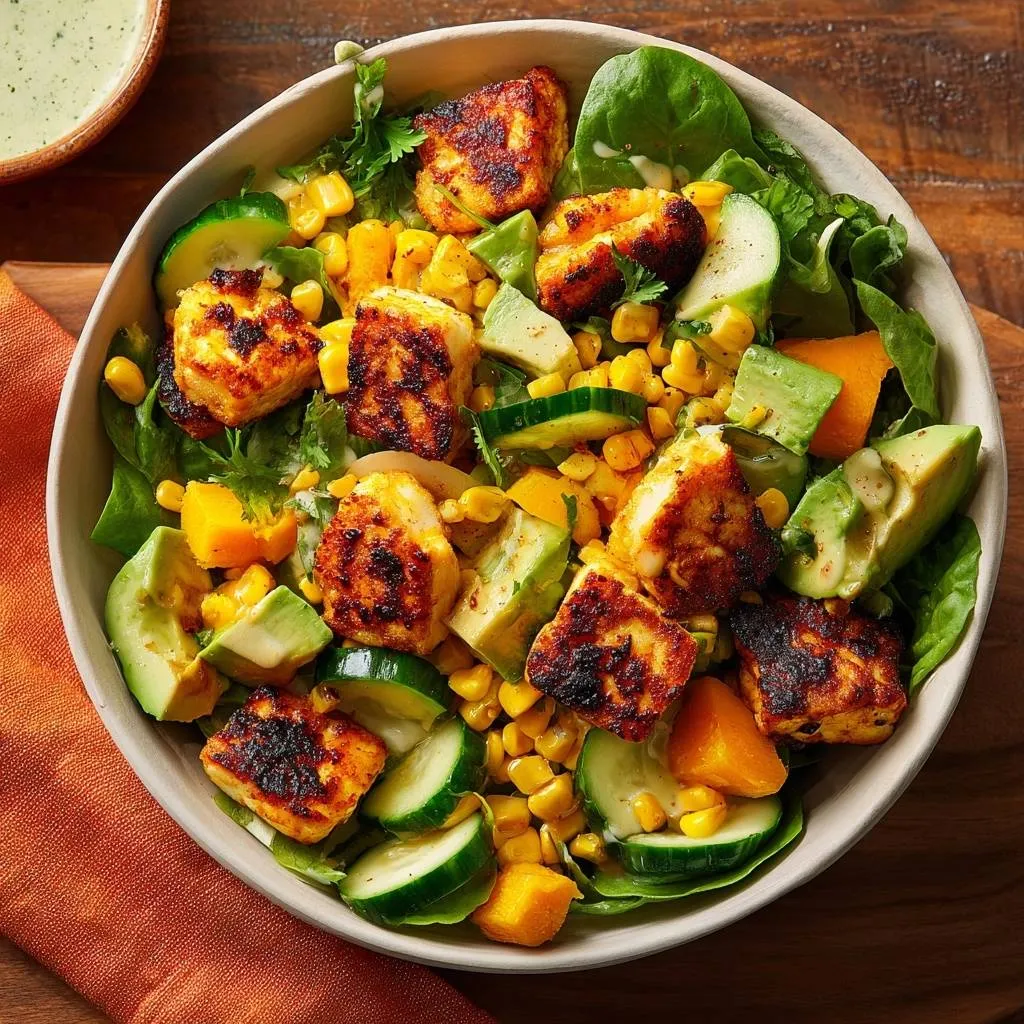Grilled paneer and roasted squash salad in a bowl, featuring corn, avocado, and cucumber with a creamy dressing.