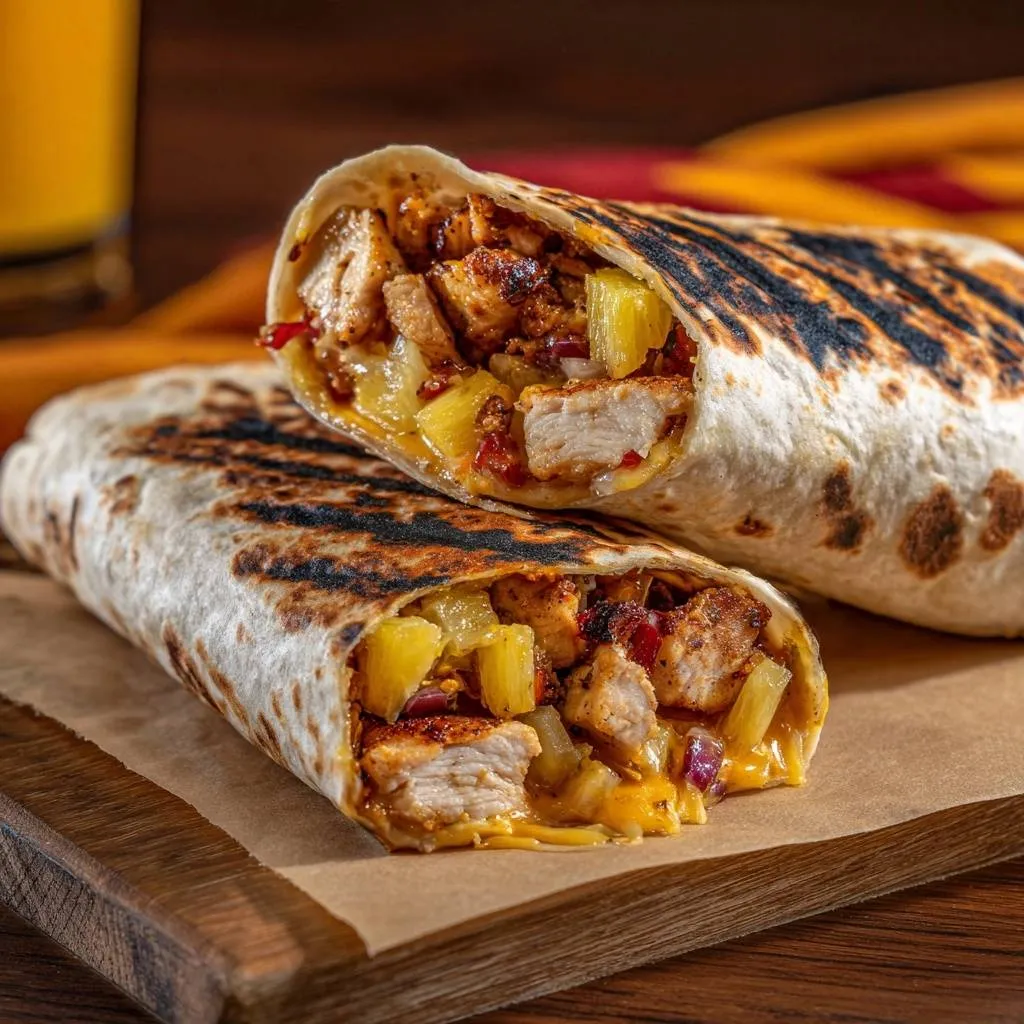 Grilled pineapple chicken quesadilla shown in a close-up cross-section revealing juicy chicken, pineapple, and melted cheese inside a toasted tortilla.