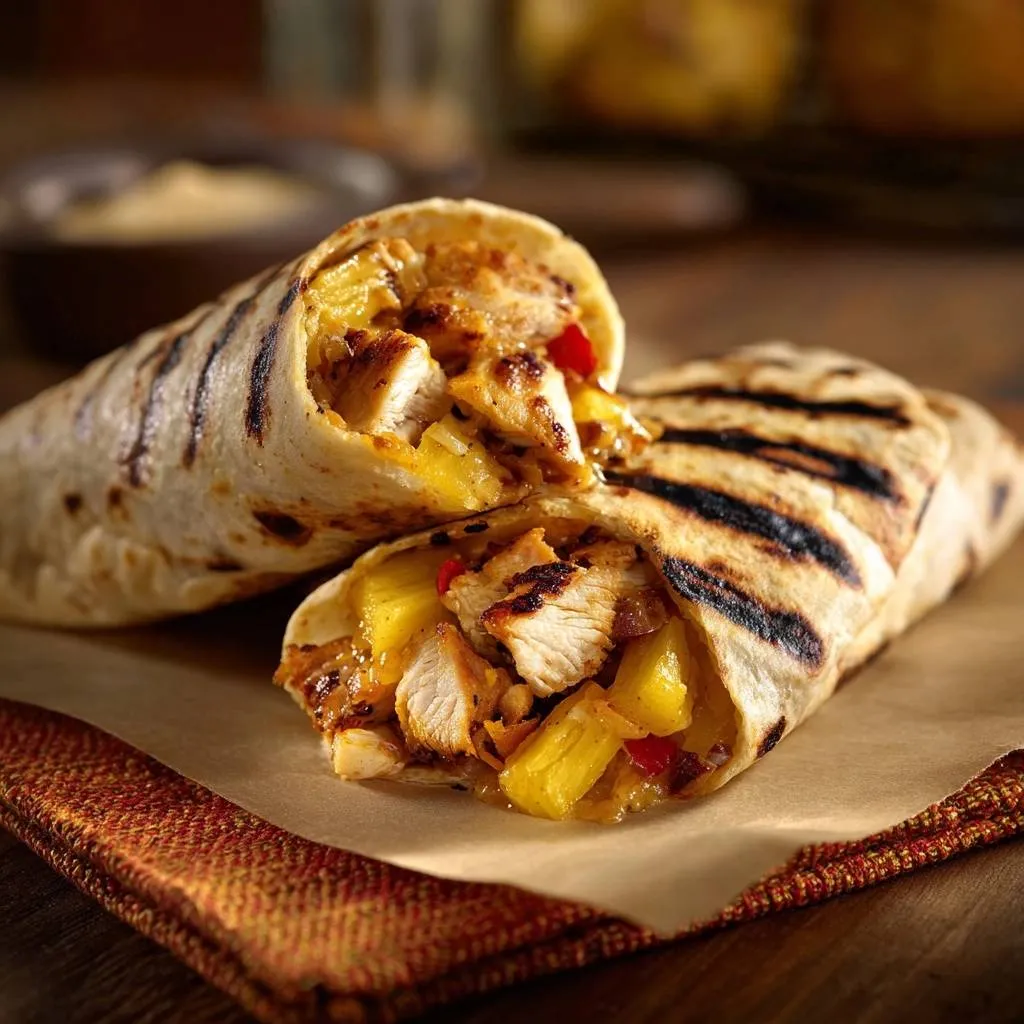 Grilled pineapple chicken quesadillas shown in a close-up cross-section revealing the savory filling.