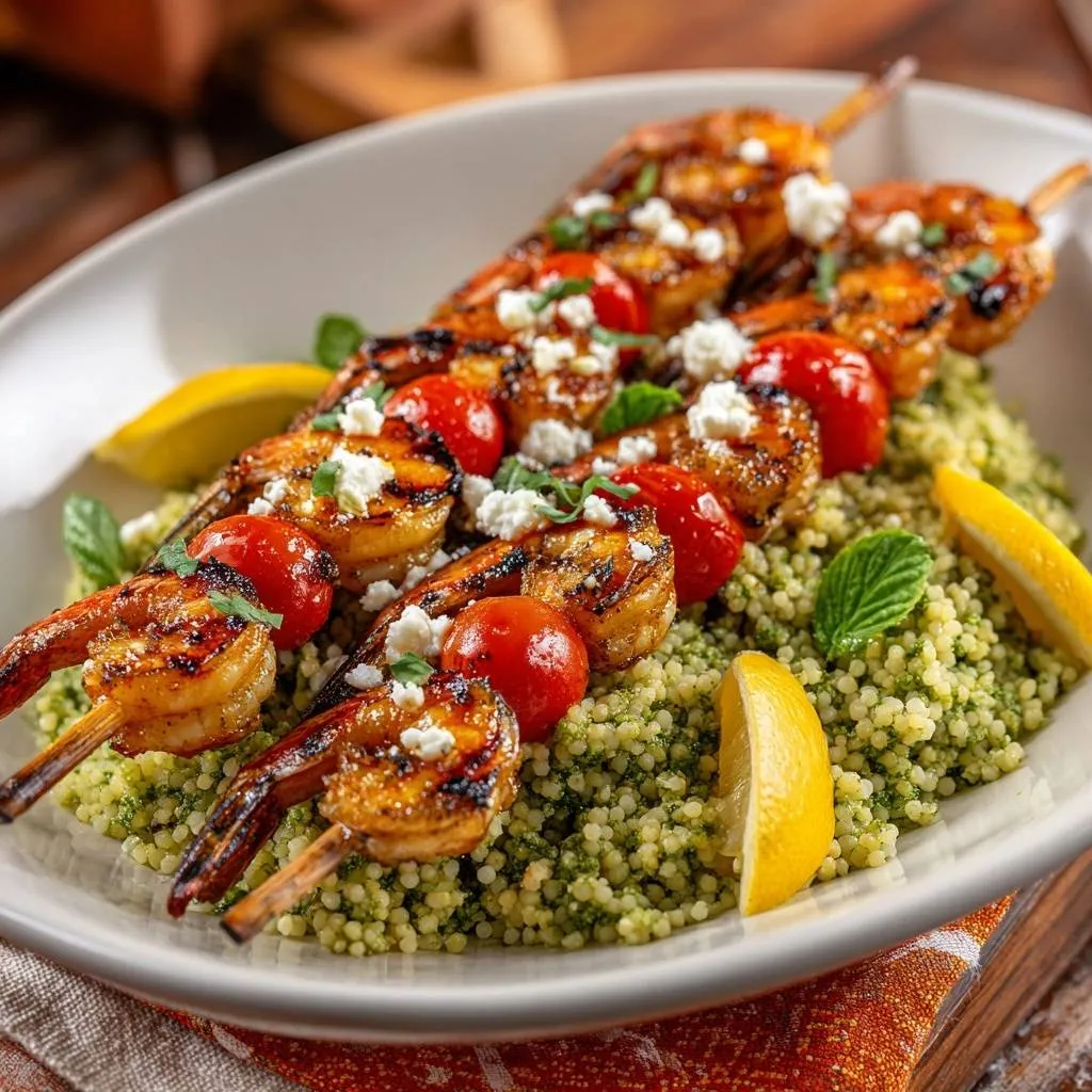 Grilled shrimp skewers with feta and tomatoes served over pesto couscous, presented artfully on a white plate with lemon wedges.