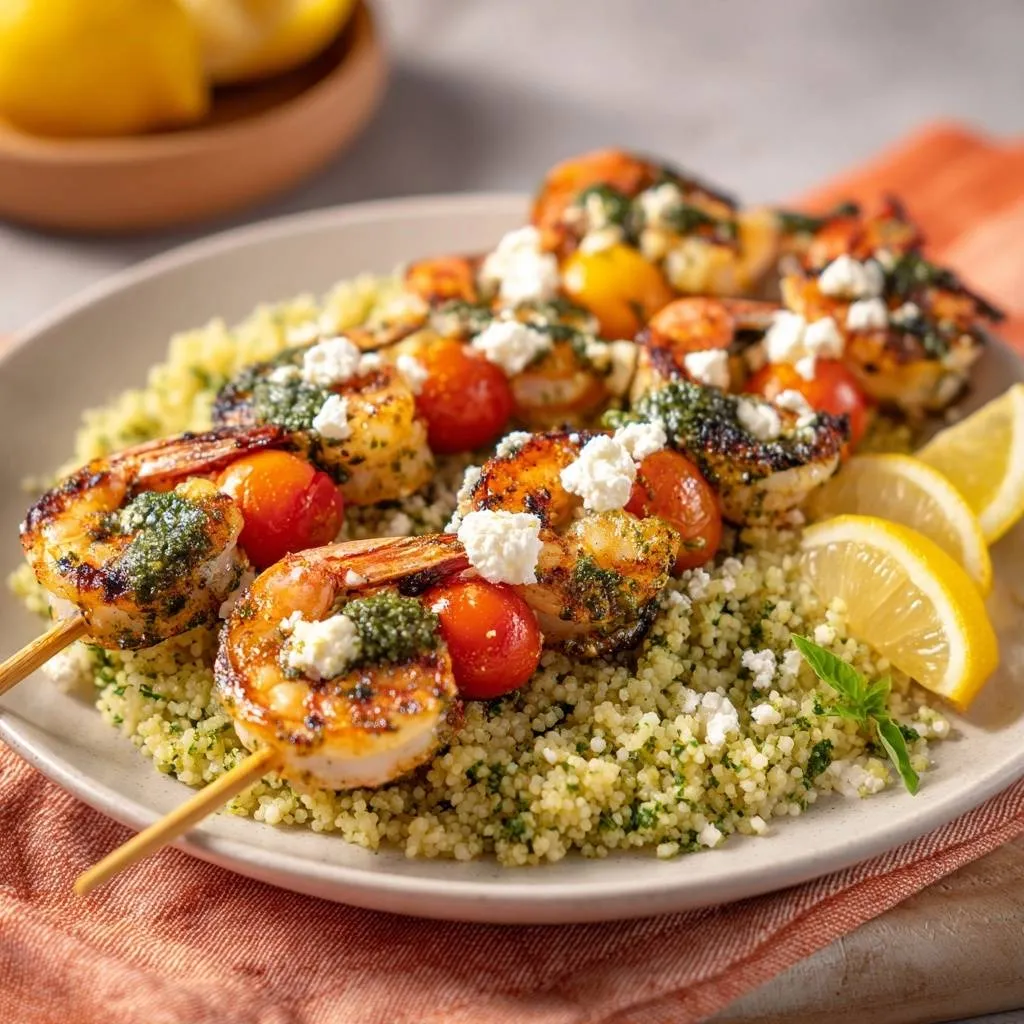 Grilled shrimp skewers with feta, tomatoes, and pesto couscous plated attractively, showcasing the vibrant colors and textures of the dish.
