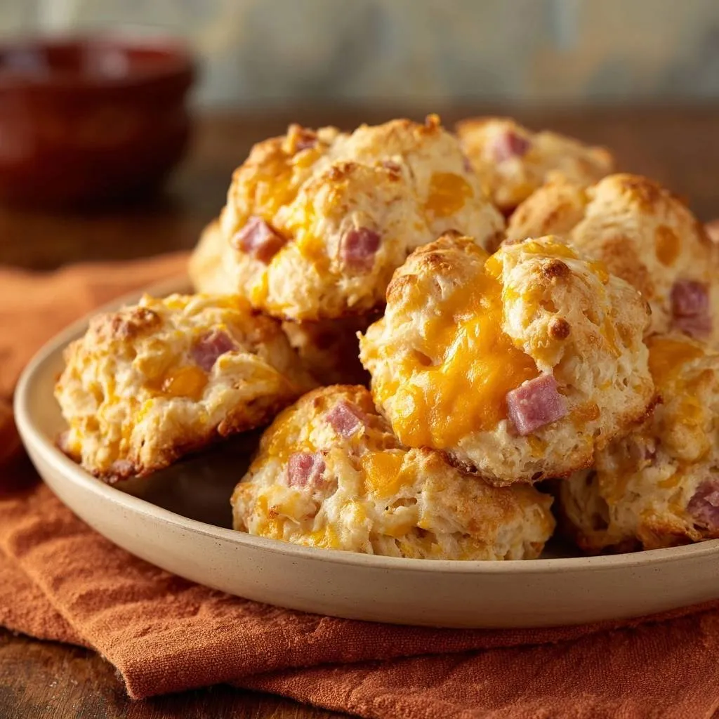 Ham and cheddar biscuits with flaky layers piled high on a plate, showcasing golden-brown tops and visible ham pieces.