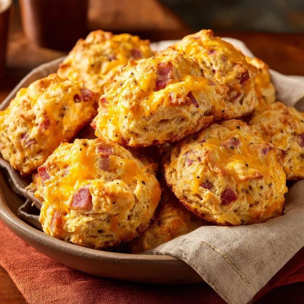 Ham and cheddar biscuits with flaky layers shown in a close-up view highlighting their golden-brown texture and melted cheese.