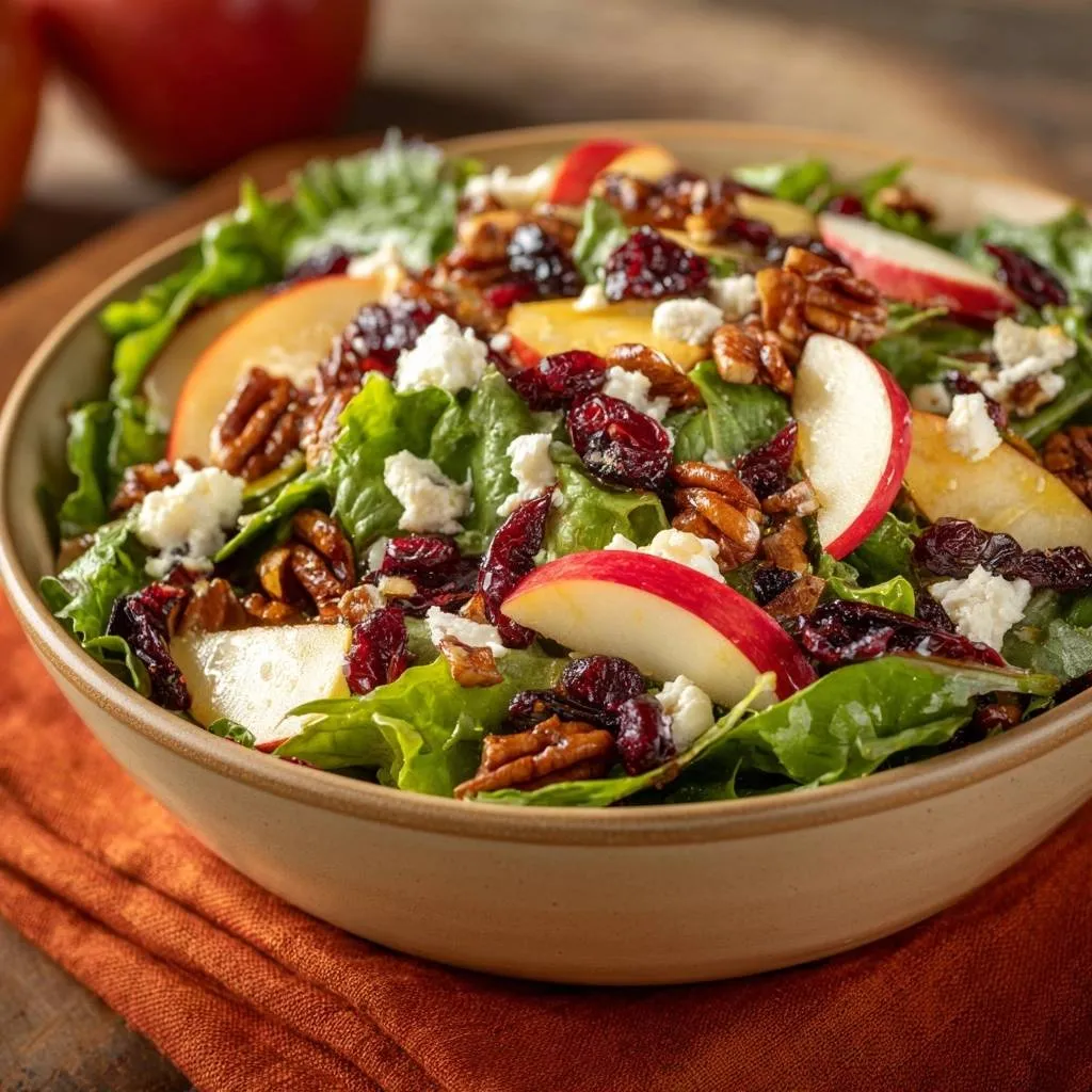 Harvest apple and pecan salad features sliced apples, pecans, cranberries, and feta cheese in a close-up bowl view.