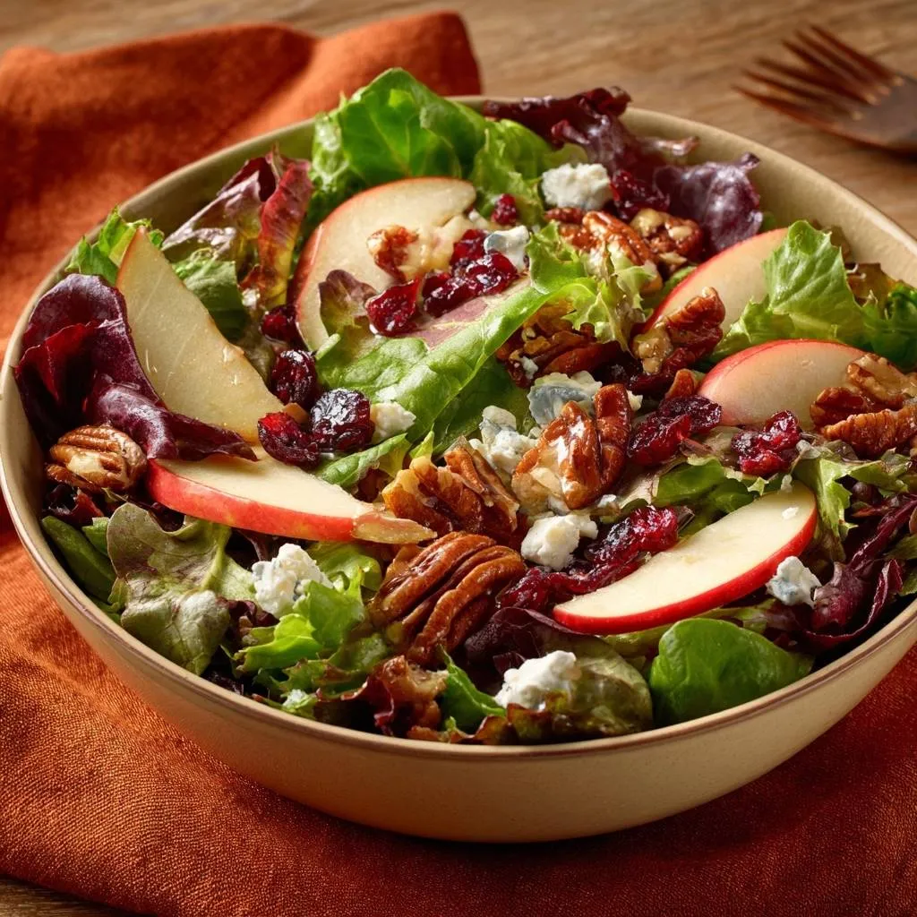 Harvest apple and pecan salad served in a rustic bowl, featuring fresh greens, fruit slices, nuts, and blue cheese.